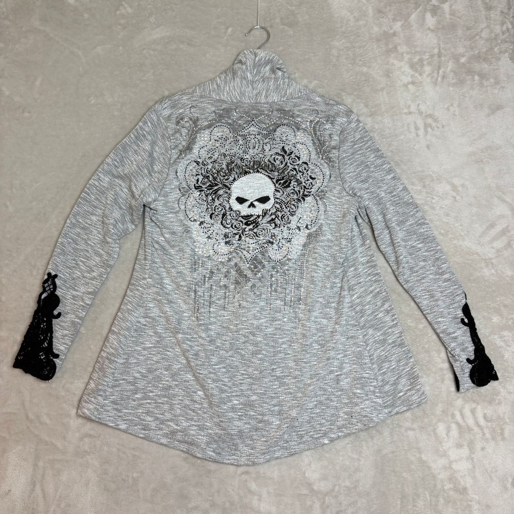 Harley Davidson Cardigan Women S/M Gray Lace Rhinestone Skull Moto Biker Punk EC